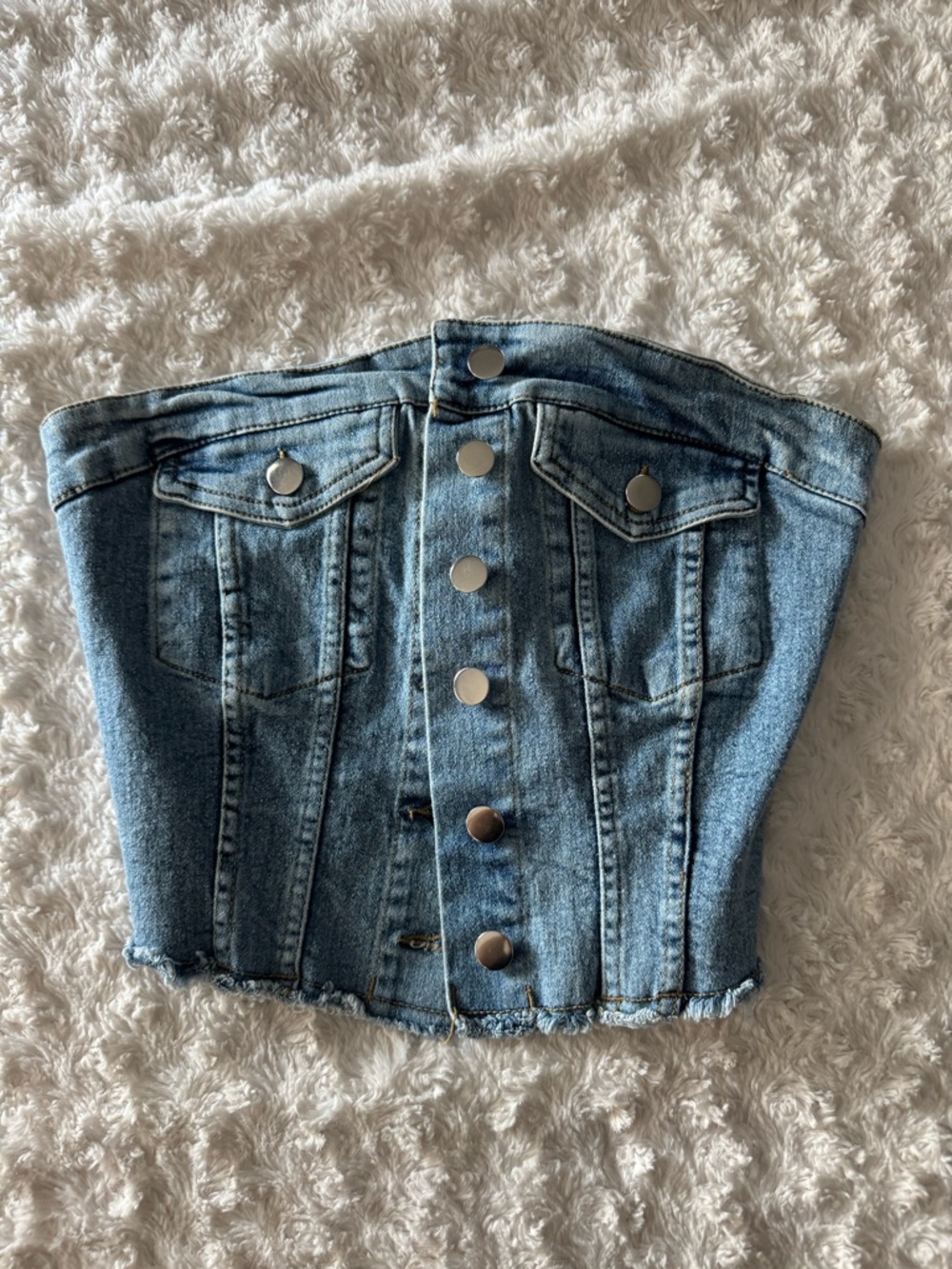 Denim Button-Front Bustier Top in Light Blue